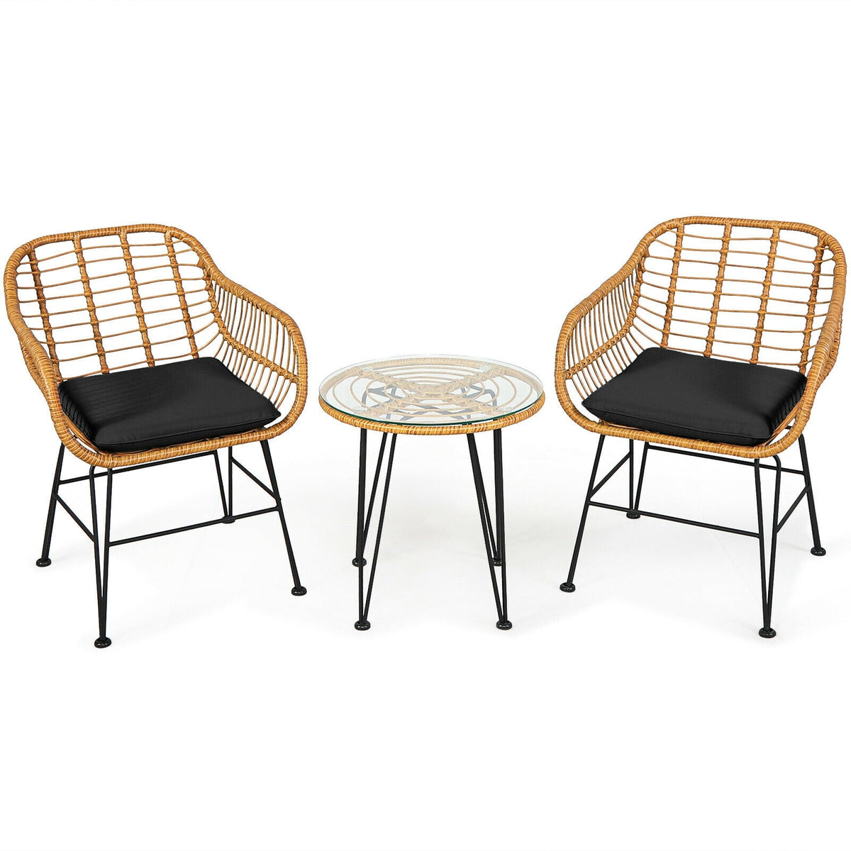 3 Pieces Rattan Furniture Set with Cushioned Chair Table