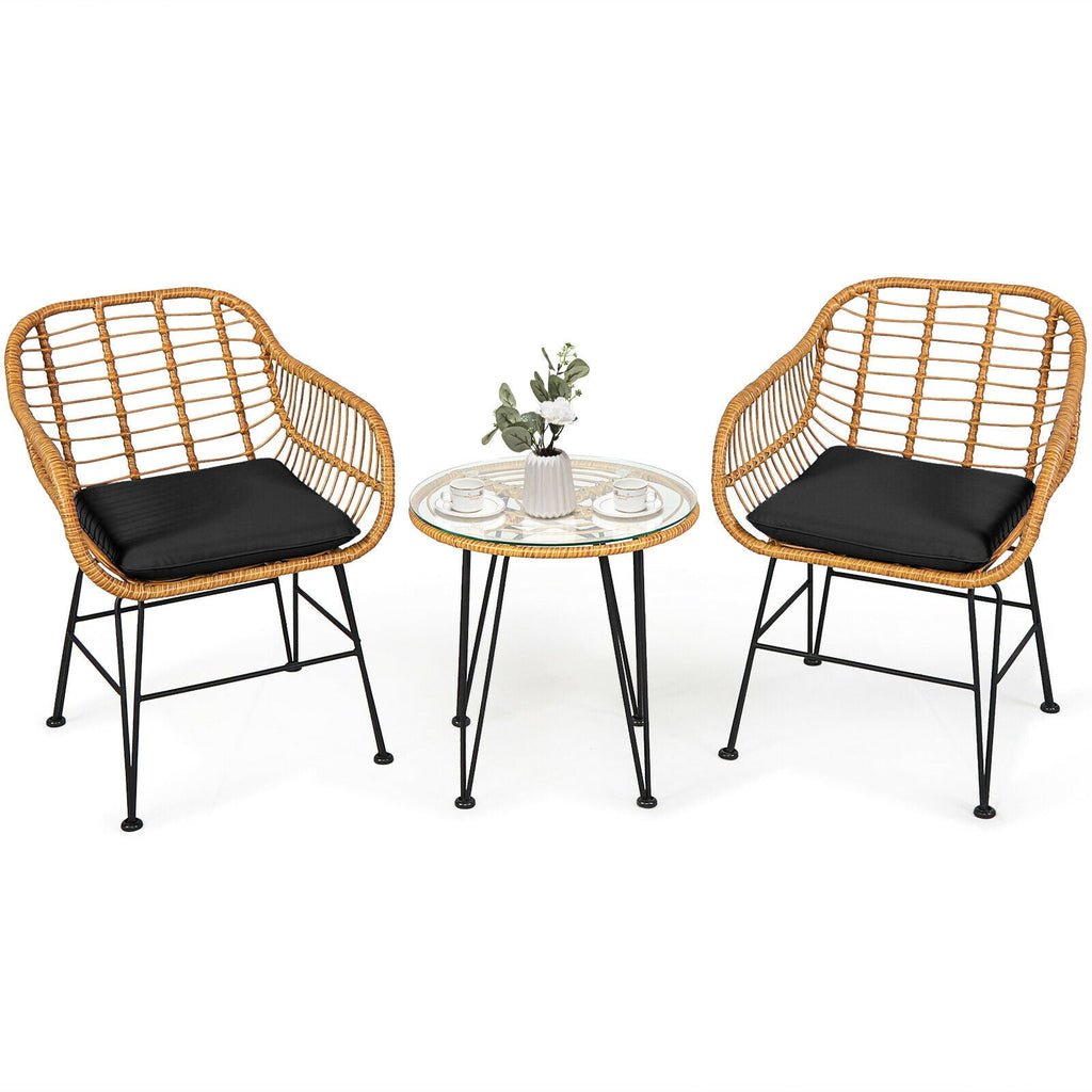 3 Pieces Rattan Furniture Set with Cushioned Chair Table