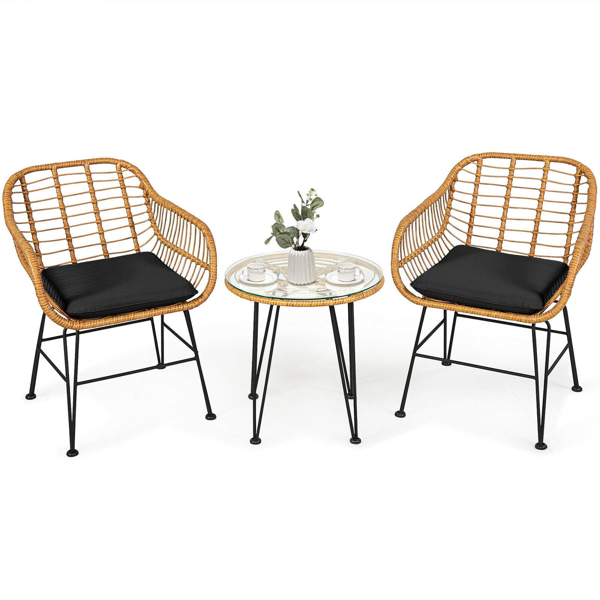 3 Pieces Rattan Furniture Set with Cushioned Chair Table