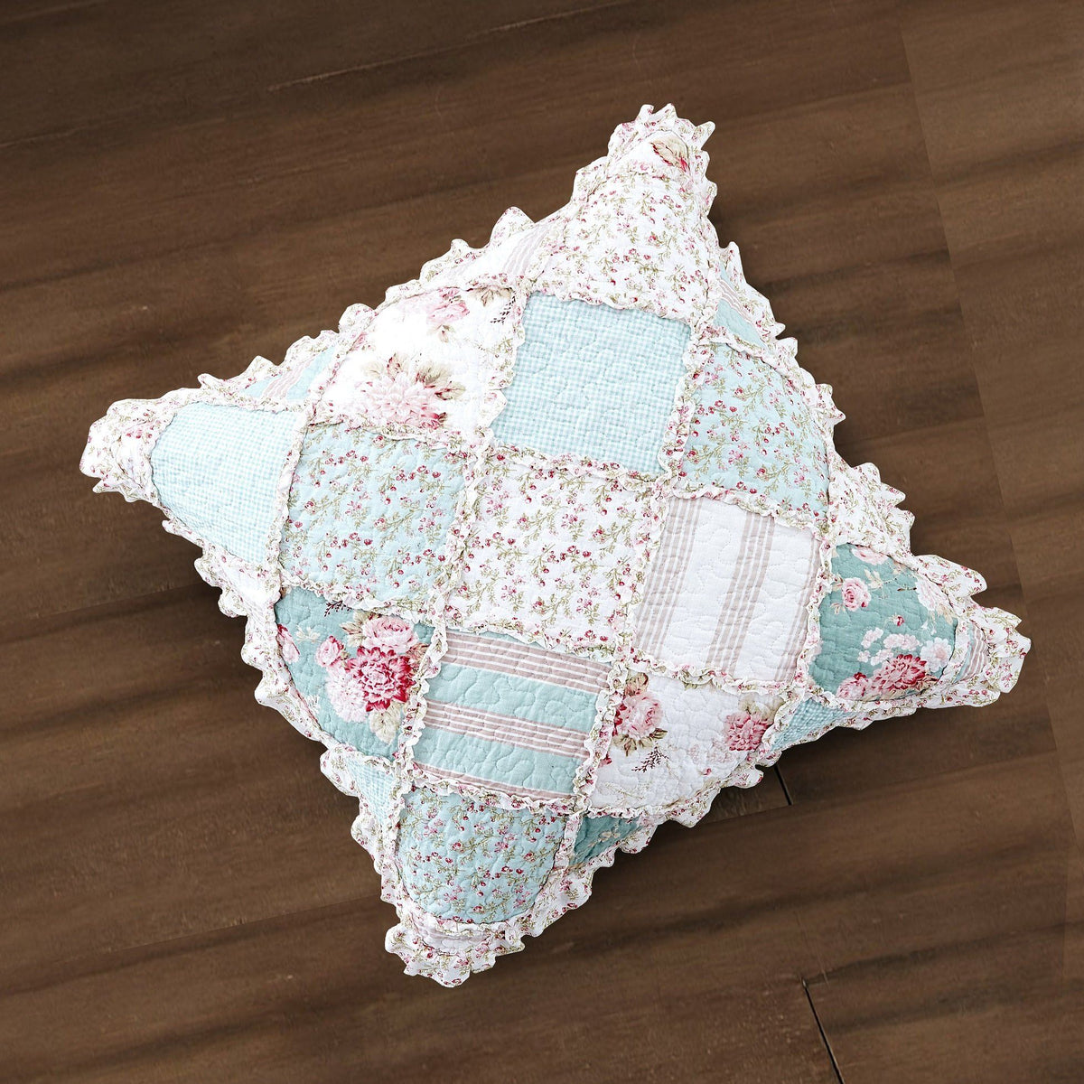 DaDa Bedding Patchwork Hint of Mint Floral Cotton Patchwork Euro Pillow Cover